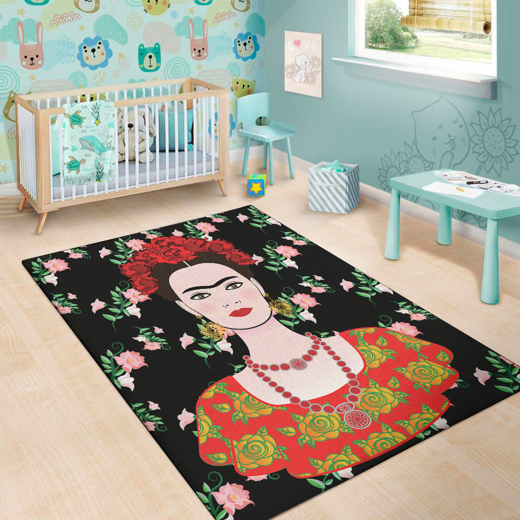 Frida Kahlo And Pink Flower Print Area Rug