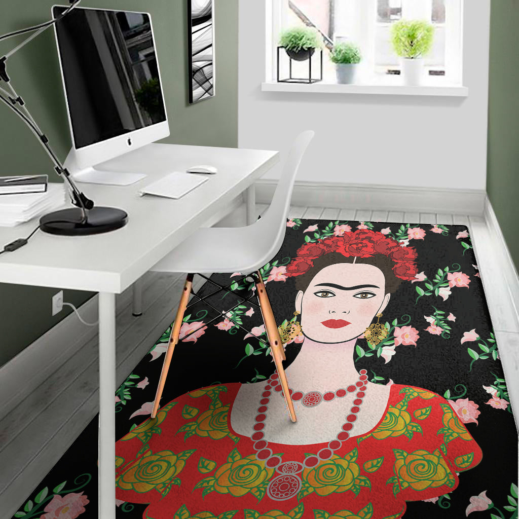 Frida Kahlo And Pink Flower Print Area Rug