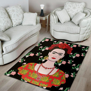 Frida Kahlo And Pink Flower Print Area Rug