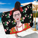 Frida Kahlo And Pink Flower Print Beach Sarong Wrap