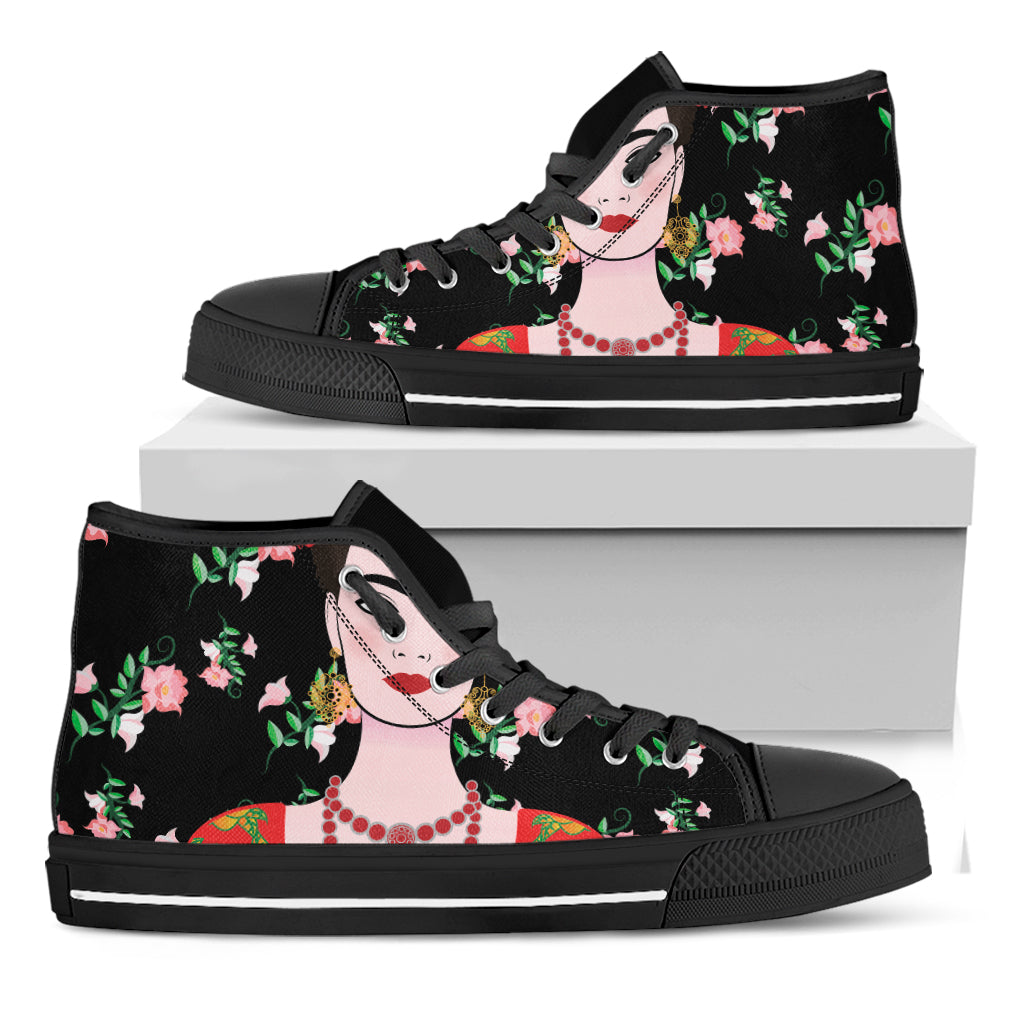 Frida Kahlo And Pink Flower Print Black High Top Shoes