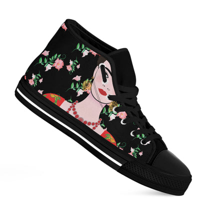 Frida Kahlo And Pink Flower Print Black High Top Shoes