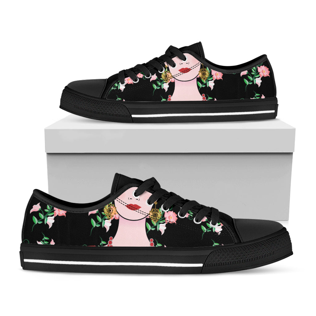 Frida Kahlo And Pink Flower Print Black Low Top Shoes 