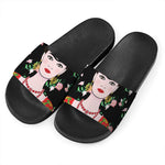 Frida Kahlo And Pink Flower Print Black Slide Sandals