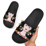Frida Kahlo And Pink Flower Print Black Slide Sandals