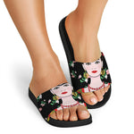 Frida Kahlo And Pink Flower Print Black Slide Sandals