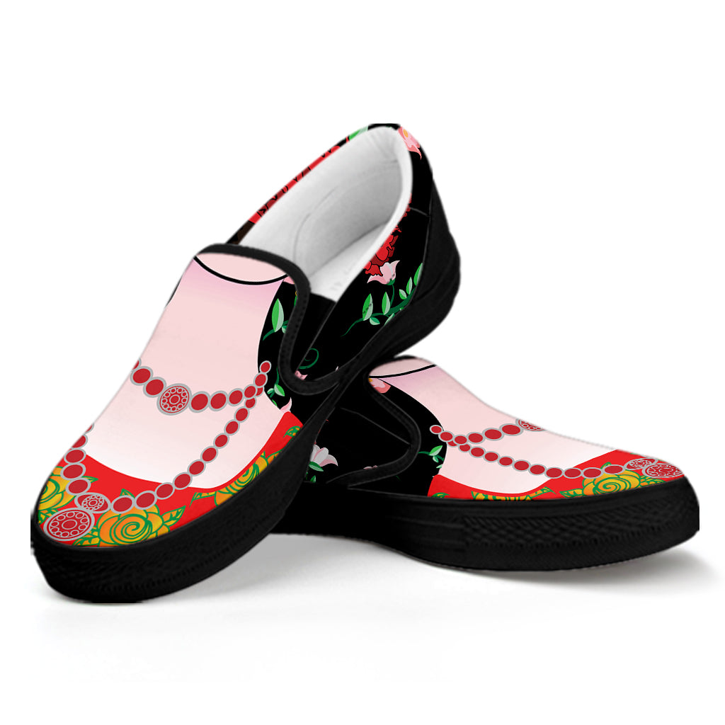 Frida Kahlo And Pink Flower Print Black Slip On Shoes