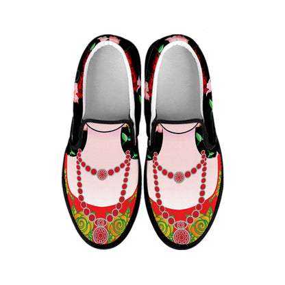 Frida Kahlo And Pink Flower Print Black Slip On Shoes