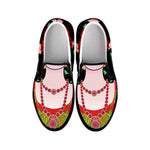 Frida Kahlo And Pink Flower Print Black Slip On Shoes