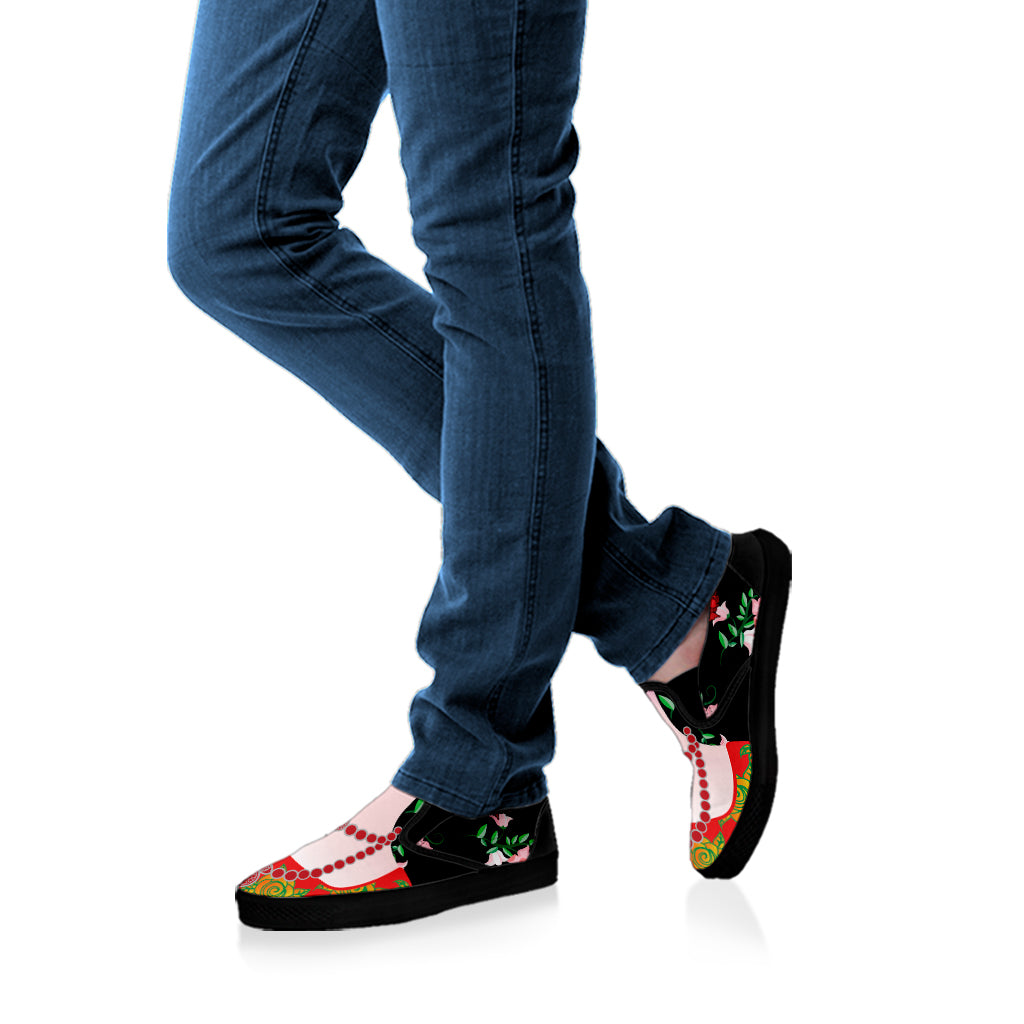 Frida Kahlo And Pink Flower Print Black Slip On Shoes