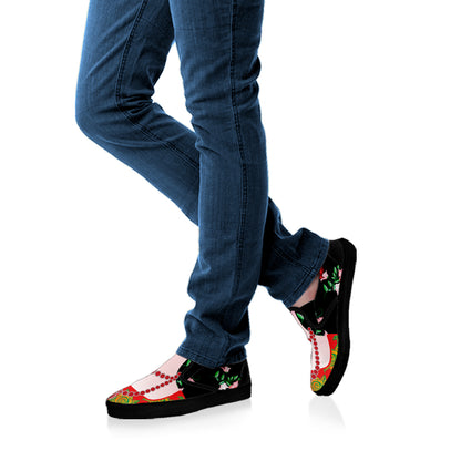Frida Kahlo And Pink Flower Print Black Slip On Shoes