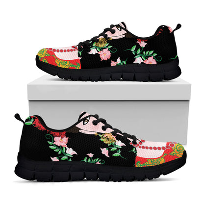Frida Kahlo And Pink Flower Print Black Sneakers