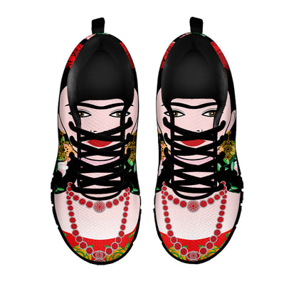 Frida Kahlo And Pink Flower Print Black Sneakers