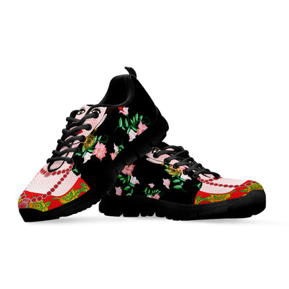 Frida Kahlo And Pink Flower Print Black Sneakers