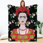 Frida Kahlo And Pink Flower Print Blanket