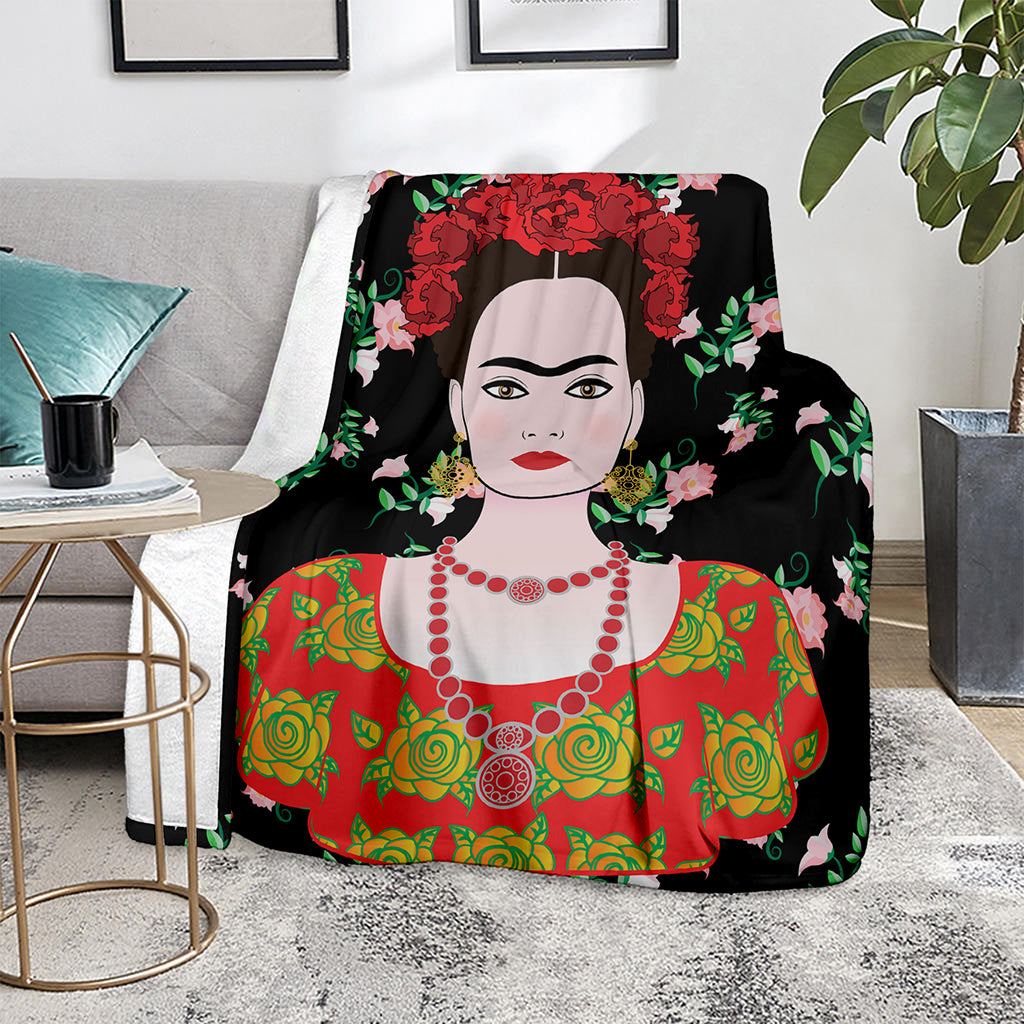 Frida Kahlo And Pink Flower Print Blanket