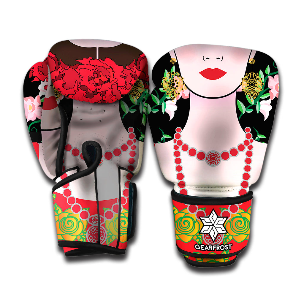 Frida Kahlo And Pink Flower Print Boxing Gloves