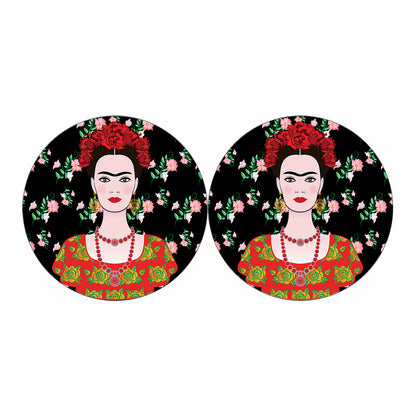 Frida Kahlo And Pink Flower Print Car Coasters