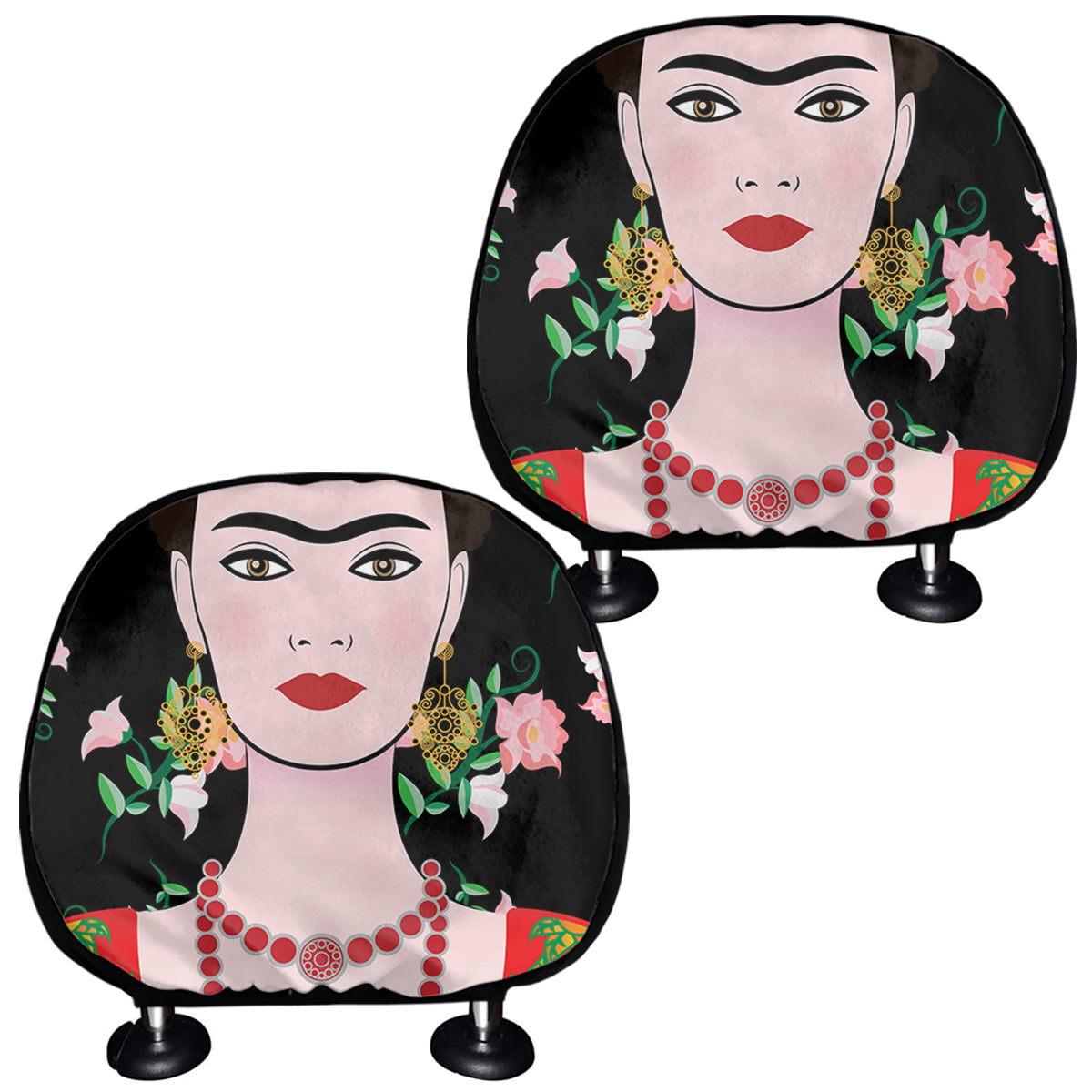 Frida Kahlo And Pink Flower Print Car Headrest Covers