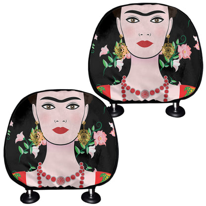 Frida Kahlo And Pink Flower Print Car Headrest Covers