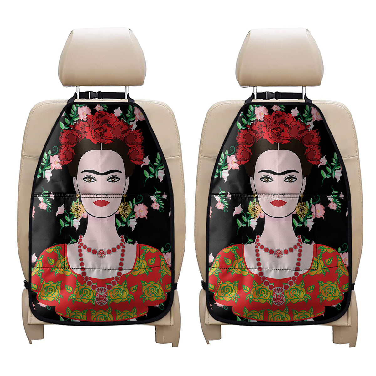 Frida Kahlo And Pink Flower Print Car Seat Organizers