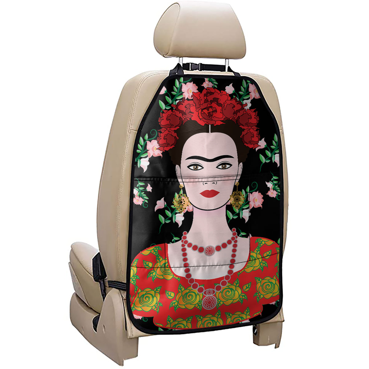 Frida Kahlo And Pink Flower Print Car Seat Organizers
