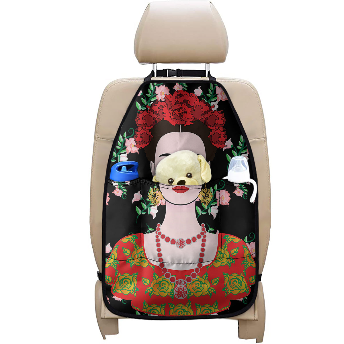 Frida Kahlo And Pink Flower Print Car Seat Organizers