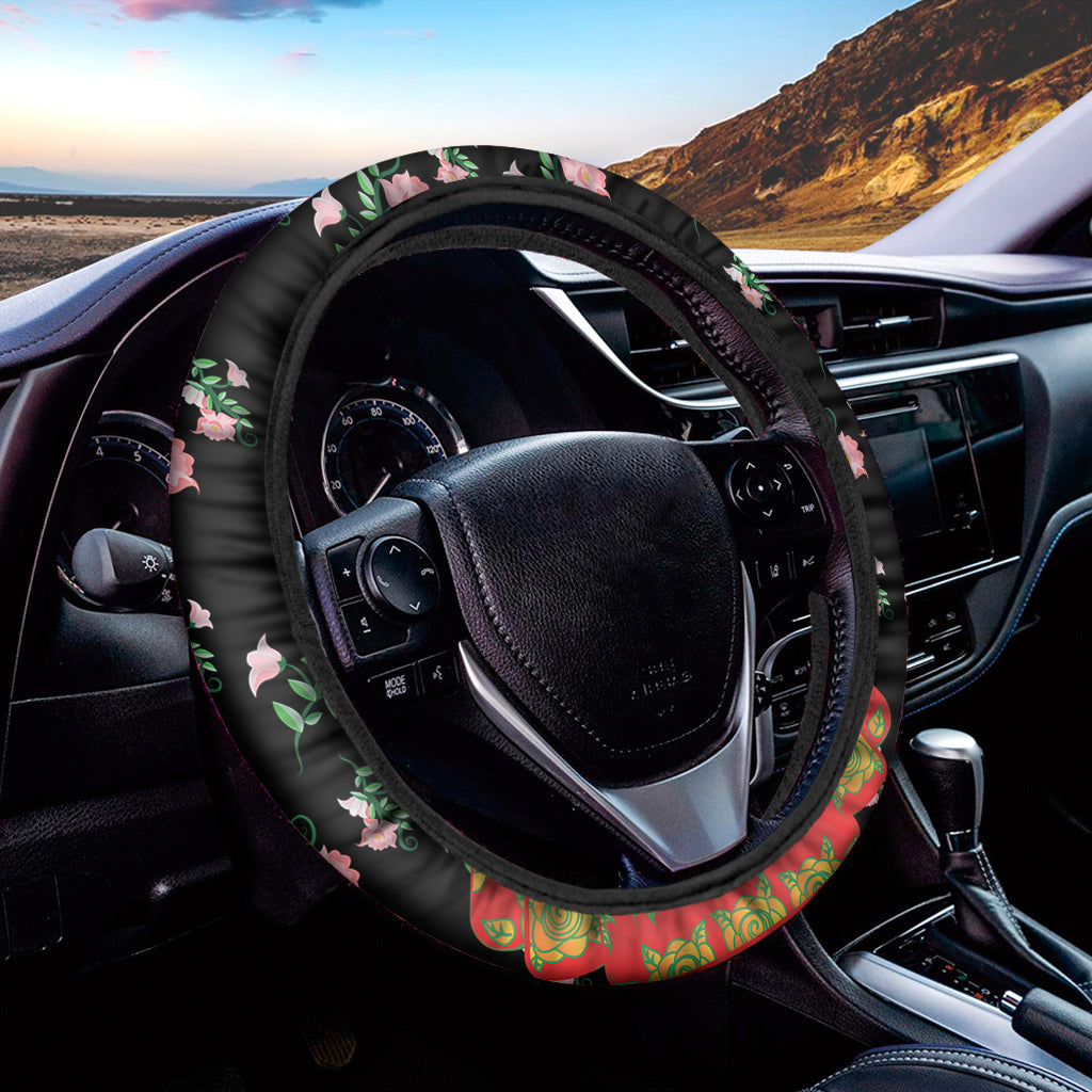 Frida Kahlo And Pink Flower Print Car Steering Wheel Cover