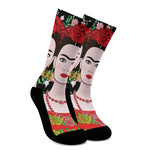 Frida Kahlo And Pink Flower Print Crew Socks