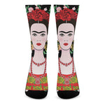 Frida Kahlo And Pink Flower Print Crew Socks
