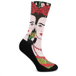Frida Kahlo And Pink Flower Print Crew Socks