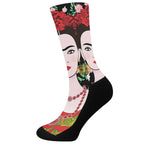 Frida Kahlo And Pink Flower Print Crew Socks