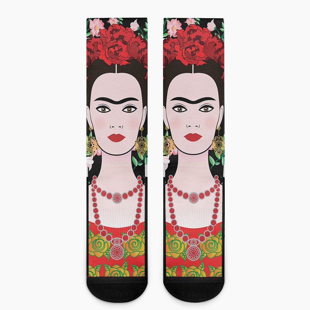 Frida Kahlo And Pink Flower Print Crew Socks