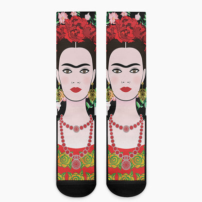 Frida Kahlo And Pink Flower Print Crew Socks