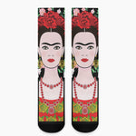Frida Kahlo And Pink Flower Print Crew Socks