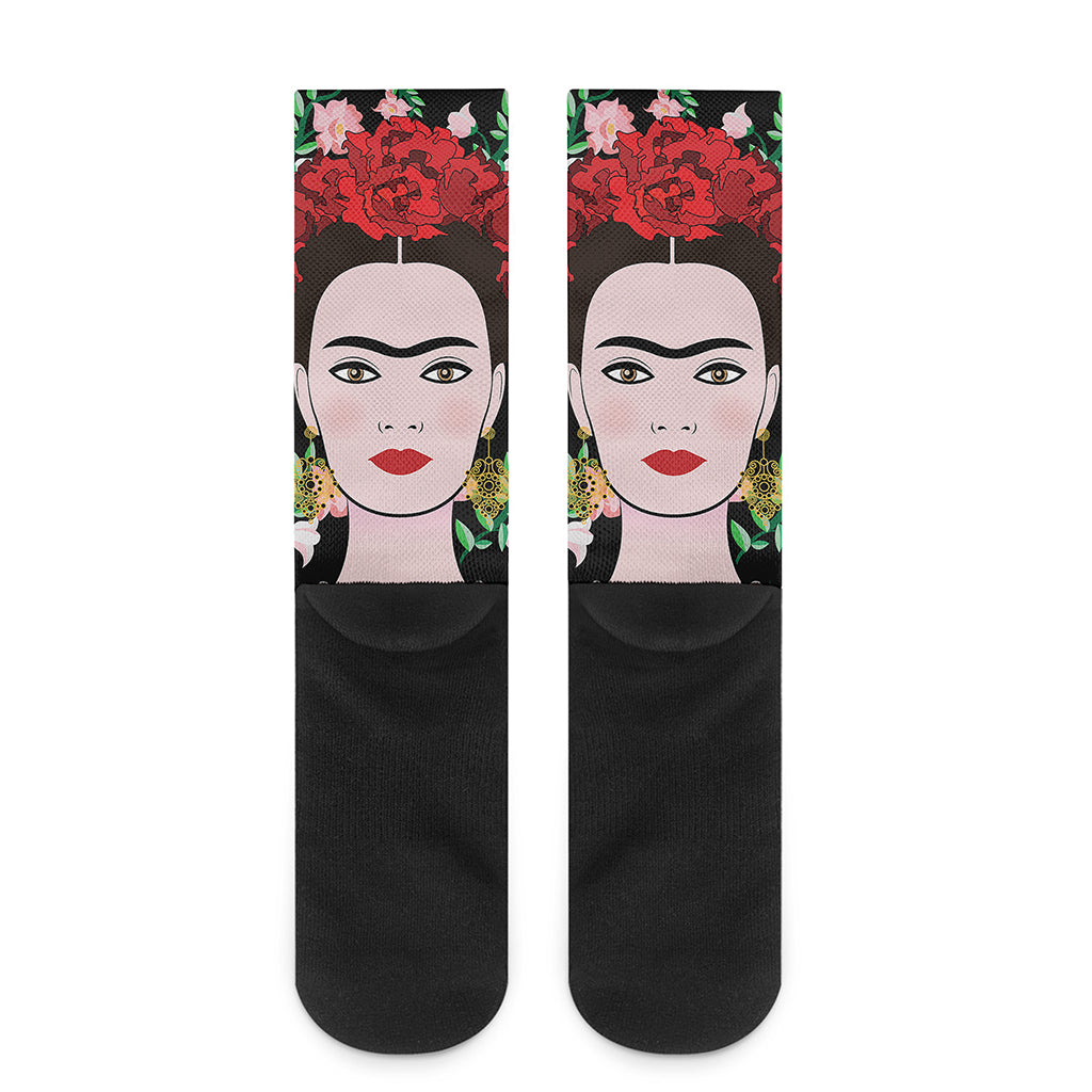 Frida Kahlo And Pink Flower Print Crew Socks