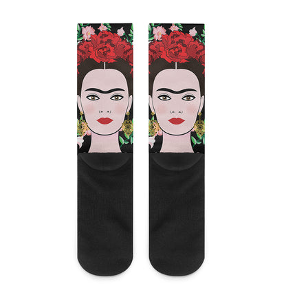 Frida Kahlo And Pink Flower Print Crew Socks