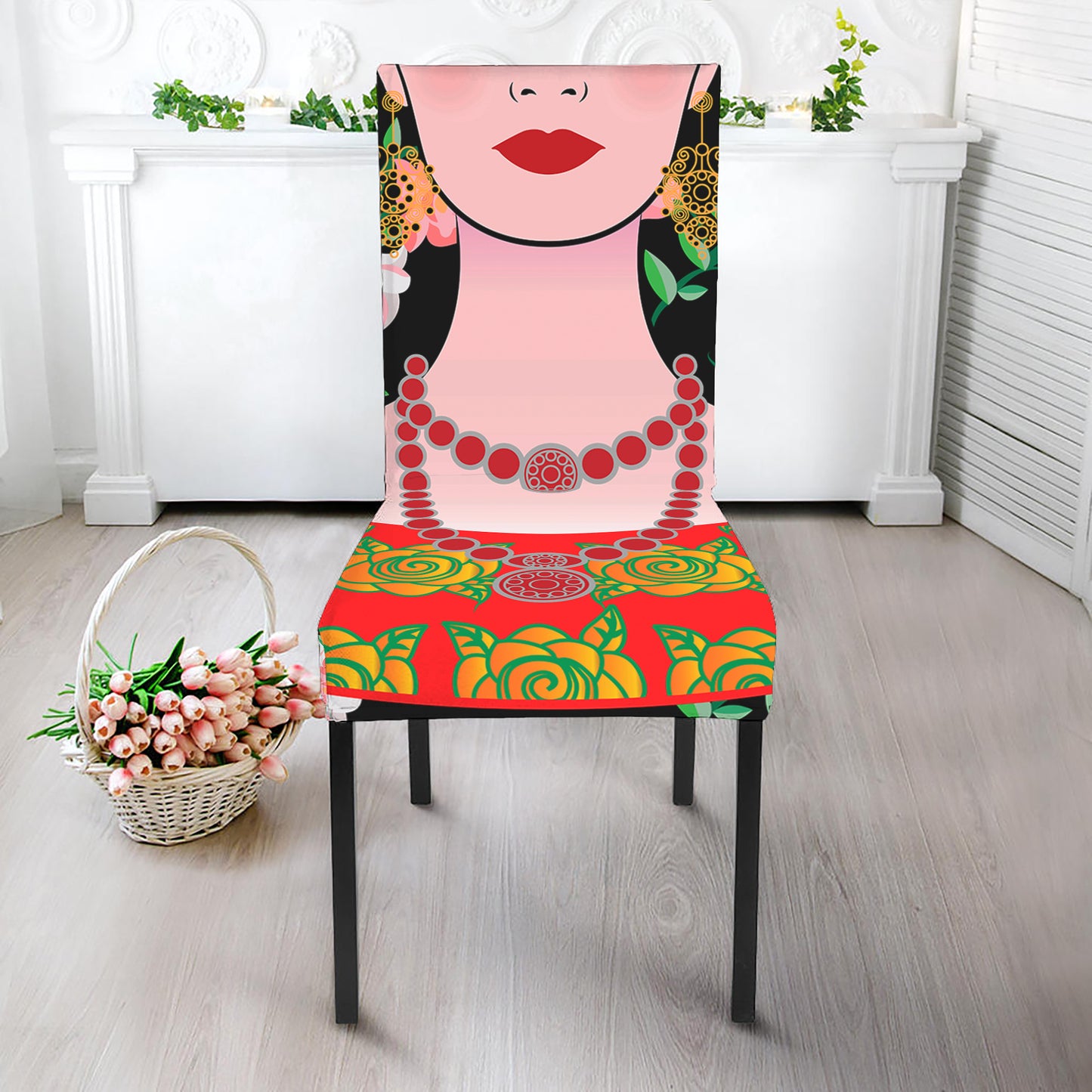 Frida Kahlo And Pink Flower Print Dining Chair Slipcover