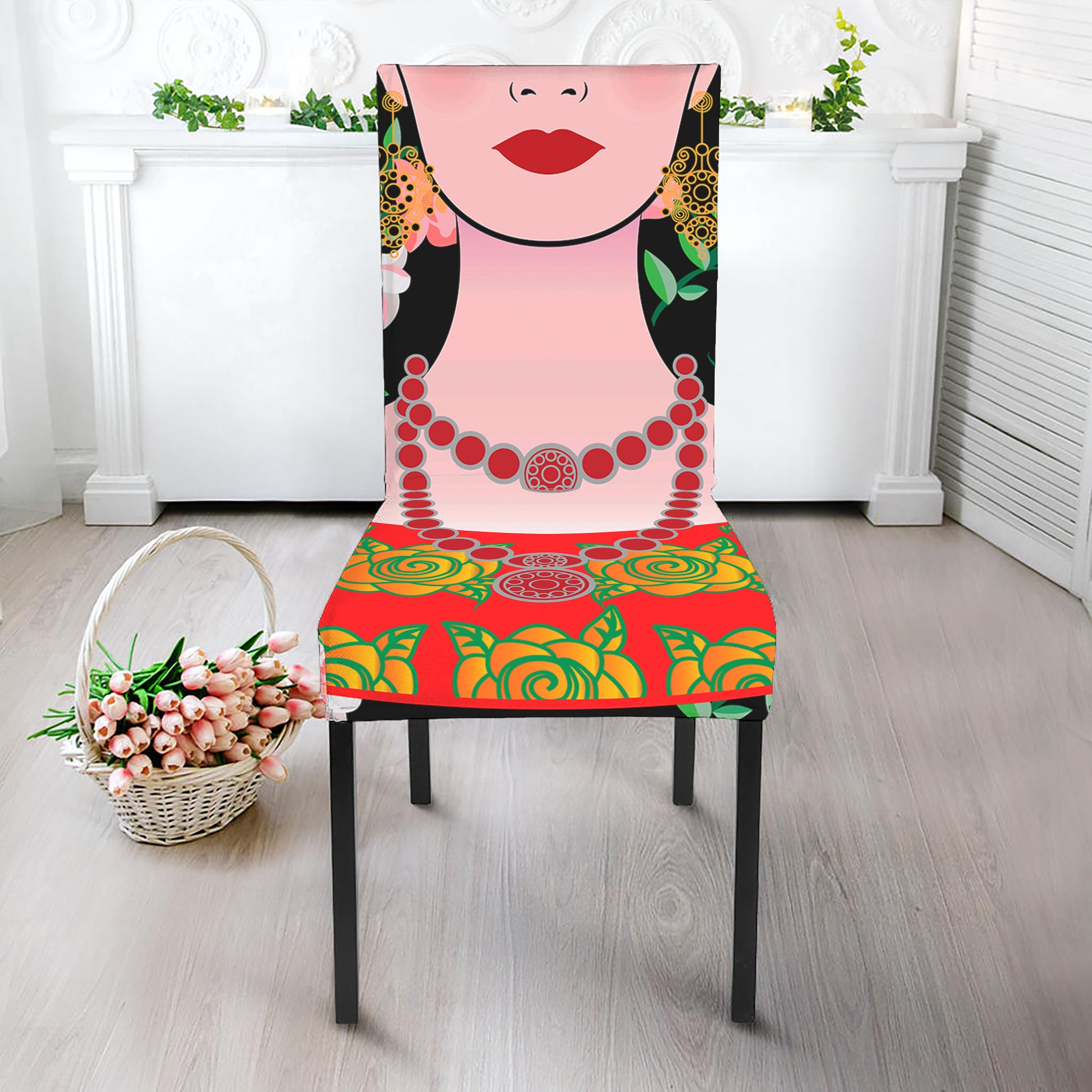 Frida Kahlo And Pink Flower Print Dining Chair Slipcover