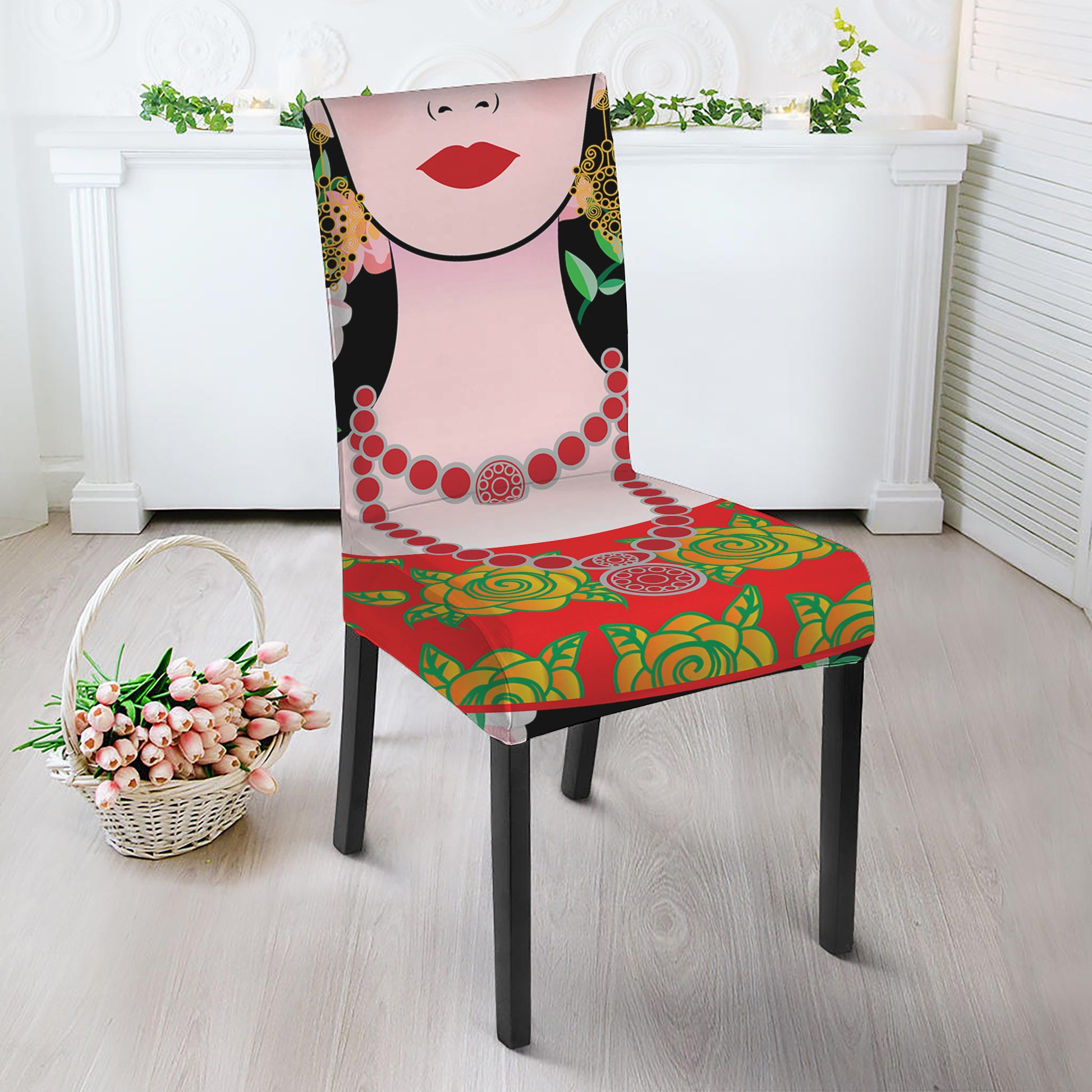 Frida Kahlo And Pink Flower Print Dining Chair Slipcover
