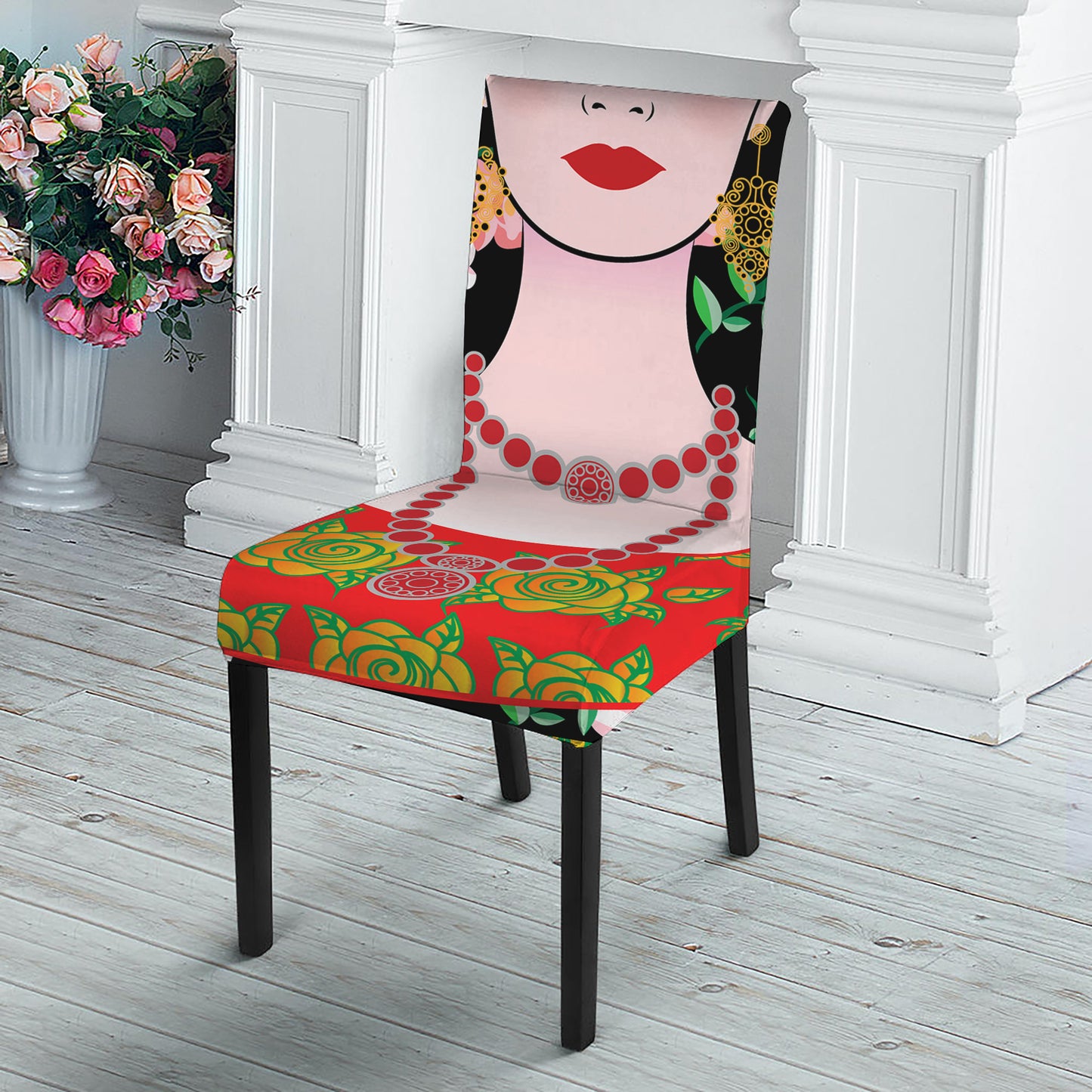 Frida Kahlo And Pink Flower Print Dining Chair Slipcover