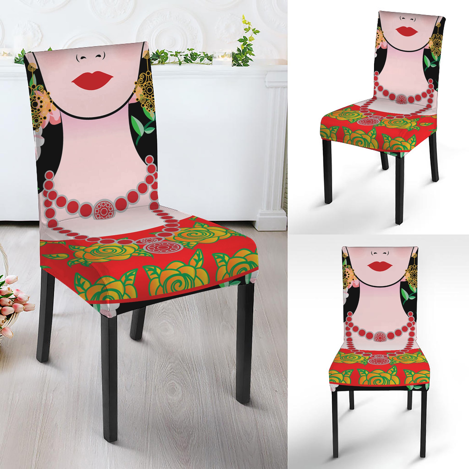 Frida Kahlo And Pink Flower Print Dining Chair Slipcover