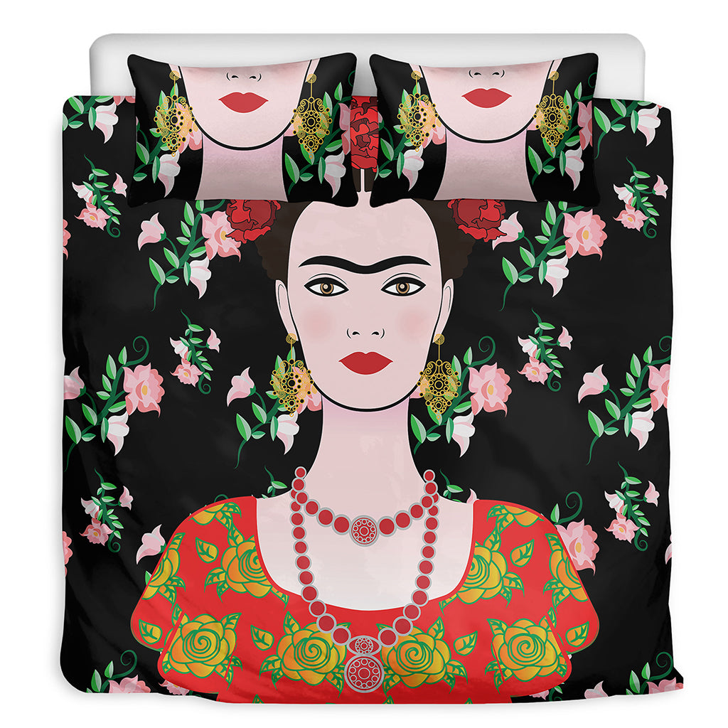 Frida Kahlo And Pink Flower Print Duvet Cover Bedding Set