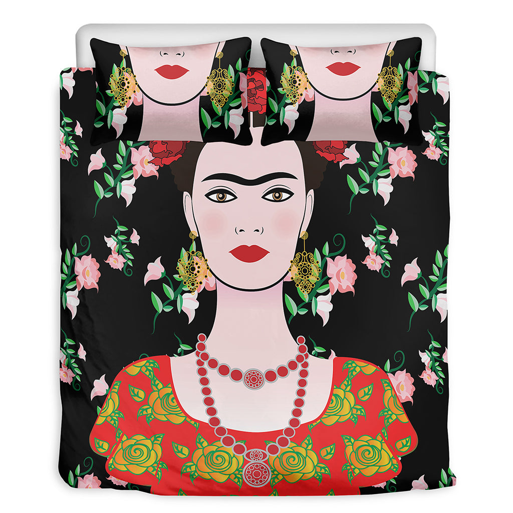 Frida Kahlo And Pink Flower Print Duvet Cover Bedding Set