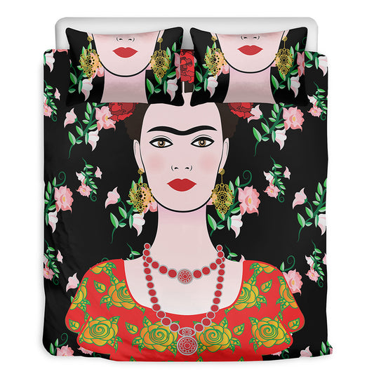 Frida Kahlo And Pink Flower Print Duvet Cover Bedding Set