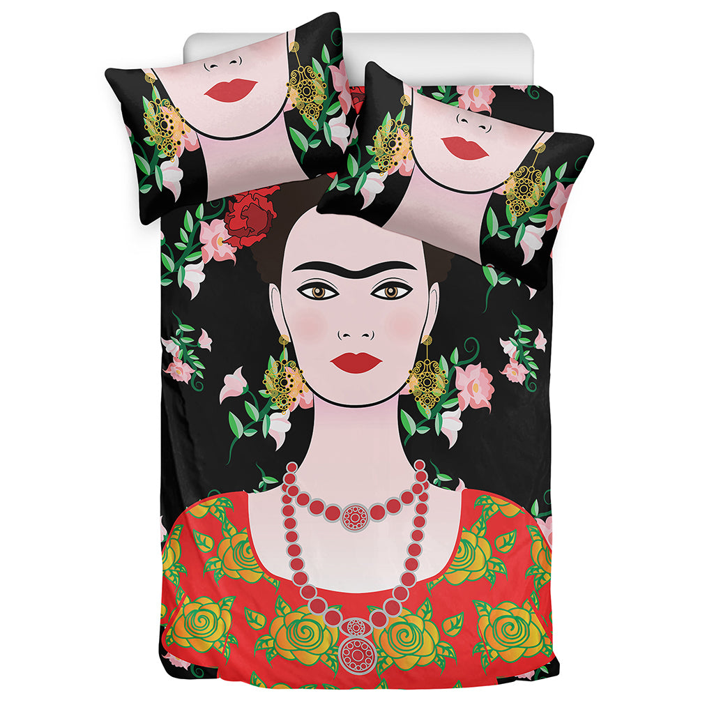 Frida Kahlo And Pink Flower Print Duvet Cover Bedding Set