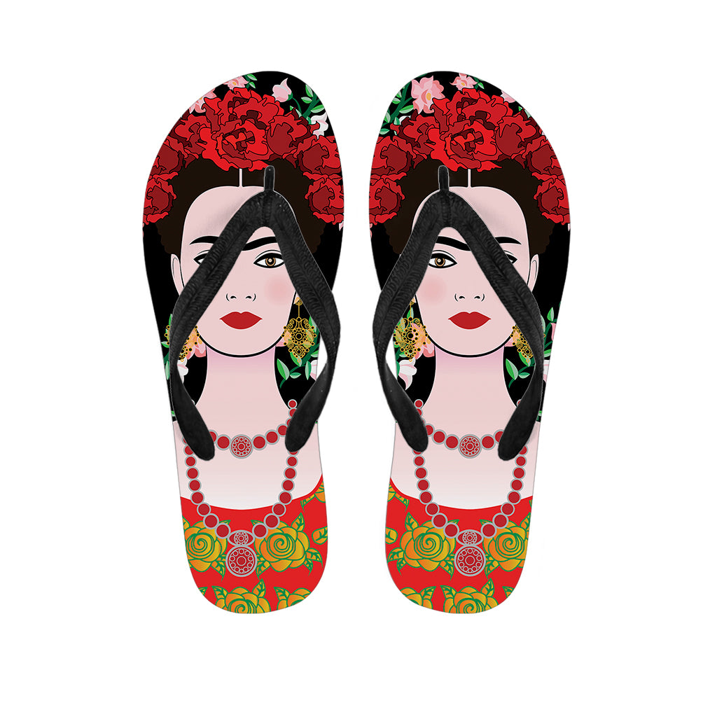 Frida Kahlo And Pink Flower Print Flip Flops