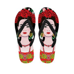 Frida Kahlo And Pink Flower Print Flip Flops
