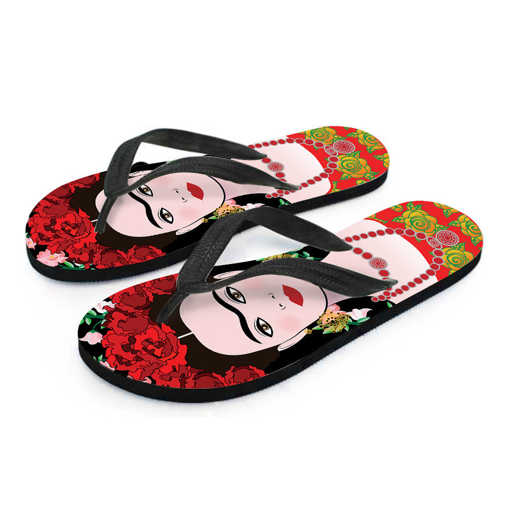 Frida Kahlo And Pink Flower Print Flip Flops