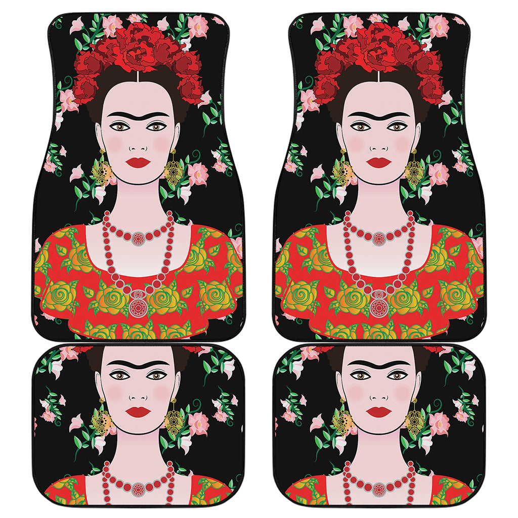 Frida Kahlo And Pink Flower Print Front and Back Car Floor Mats